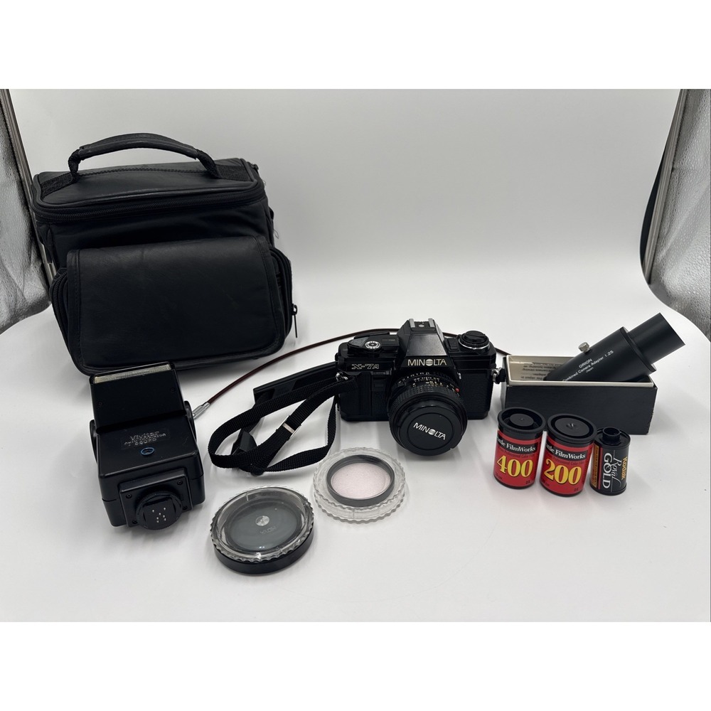 Minolta X-7A 35mm SLR Camera MD 50mm 1:1.7 Lens Flash Case Film Kit